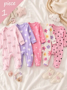 SHEIN 【1套隨機發送】新生兒居家秋冬連身睡衣，彩色花卉、粉色底黑心、可愛貓咪、紫色白色軟綿 - 彩色 - 查看 2