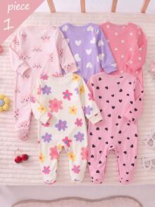 SHEIN 【1套隨機發送】新生兒居家秋冬連身睡衣，彩色花卉、粉色底黑心、可愛貓咪、紫色白色軟綿 - 彩色 - 查看 3