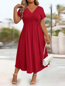 Rometta Plus Size Casual Solid Color Twist Front Dress Maxi Women Outfit - Red - View 7