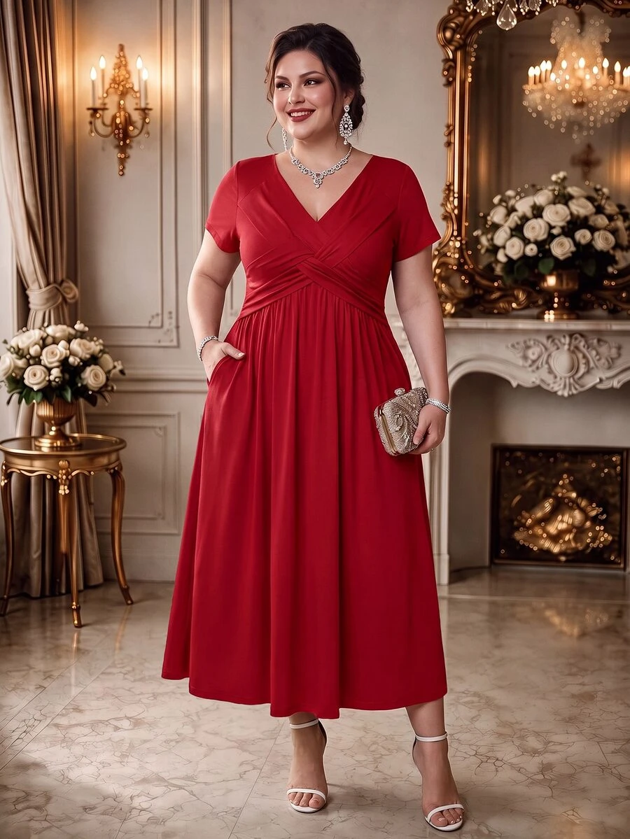 Rometta Plus Size Casual Solid Color Twist Front Dress Maxi Women Outfit - Red - View 1