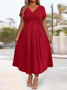 Rometta Plus Size Casual Solid Color Twist Front Dress Maxi Women Outfit - Red - View 6