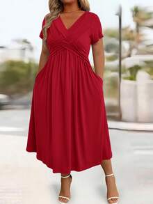 Rometta Plus Size Casual Solid Color Twist Front Dress Maxi Women Outfit - Red - View 4