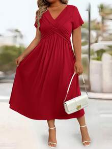 Rometta Plus Size Casual Solid Color Twist Front Dress Maxi Women Outfit - Red - View 5