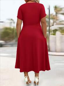 Rometta Plus Size Casual Solid Color Twist Front Dress Maxi Women Outfit - Red - View 2