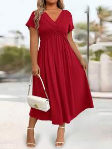 Rometta Plus Size Casual Solid Color Twist Front Dress Maxi Women Outfit - Red - View 9