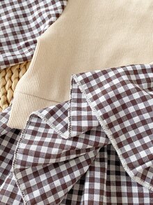 SHEIN 2Pcs Baby Girl Spring Fall Cotton Outfit, Casual Pit Stitch Plaid Spliced Puff Sleeve Knit Pullover + Solid Wide Leg Pants Beige Set - Apricot - View 7