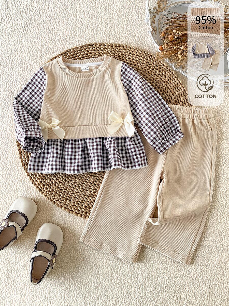 SHEIN 2Pcs Baby Girl Spring Fall Cotton Outfit, Casual Pit Stitch Plaid Spliced Puff Sleeve Knit Pullover + Solid Wide Leg Pants Beige Set