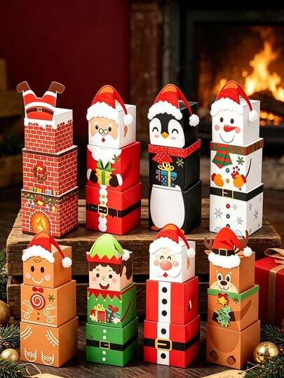SHEIN 3 PCS/Set Christmas Indoor Decoration Stackable Boxes, Merry Christmas Gift Boxes, Christmas Party Background Decor, Christmas Photo Props, Christmas Home Decor Boxes, Merry Christmas Background Decor Boxes, Santa Claus Penguin Gingerbread Man Reindeer Patterns, Christmas Table Decor, Christmas Tree Decor, Christmas Party Supplies 2026, Happy New Year Decorations, Christmas Party Gift Boxes