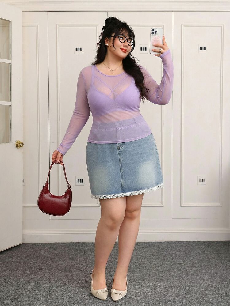 CovetEZ Plus-Size Women's Black Sexy See-Through Lace Top, Suitable For Layering Or Wearing Alone. Date Night Party Fall - Purple - View 5