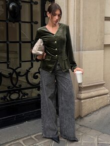 Lavishia Women's Solid Color V-Neck Long Sleeve Single-Breasted Jacket, Autumn/Winter - Green - View 8