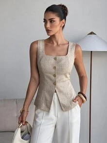 Lavishia 淺米色優雅夏季辦公室亞麻風無袖修身襯衫，女款商務休閒開襟背心，高雅教師工作穿搭，日常上衣 - 杏色 - 查看 7