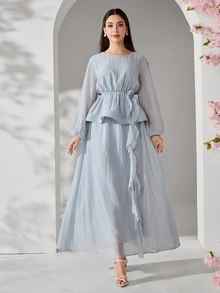 Solavon Women's Elegant Commuter Solid Color 3D Floral Ribbon Decor Lantern Sleeve Blouse And Skirt 2-Piece Set,Unlined Sleeves - Baby Blue - View 8
