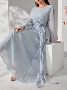 Solavon Women's Elegant Commuter Solid Color 3D Floral Ribbon Decor Lantern Sleeve Blouse And Skirt 2-Piece Set,Unlined Sleeves - Baby Blue - View 3