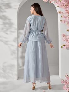 Solavon Women's Elegant Commuter Solid Color 3D Floral Ribbon Decor Lantern Sleeve Blouse And Skirt 2-Piece Set,Unlined Sleeves - Baby Blue - View 4