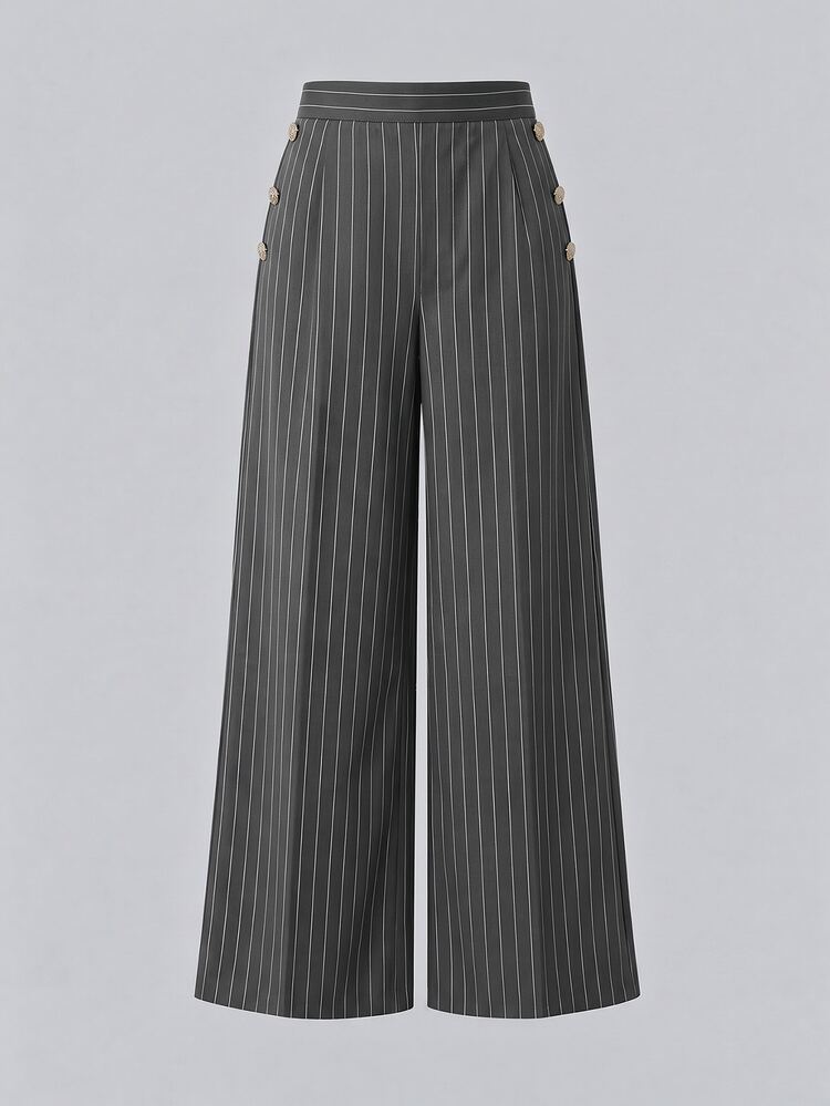 SHEIN LUNE CURVE Plus Striped Print Button Decor Wide Leg Pants Fall Office Business Grey Casual Elegant - Dark Grey - View 3