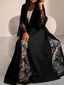 Mulvari Women's Elegant Solid Color Lace Patchwork Abaya - Black - View 3