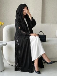 Mulvari Women's Elegant Solid Color Lace Patchwork Abaya - Black - View 9