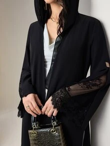 Mulvari Women's Elegant Solid Color Lace Patchwork Abaya - Black - View 6