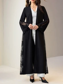 Mulvari Women's Elegant Solid Color Lace Patchwork Abaya - Black - View 5