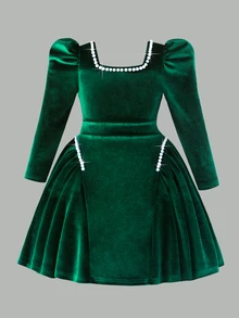 Girls Velvet Pearl Square Neck Petal Sleeve Dress Fall Classic Square Neck Design With Exquisite Pearl Decoration Around The Neckline 3D Puff Long Slee - Green - View 7
