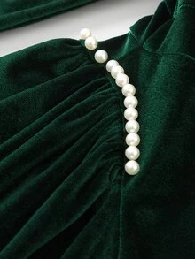 Girls Velvet Pearl Square Neck Petal Sleeve Dress Fall Classic Square Neck Design With Exquisite Pearl Decoration Around The Neckline 3D Puff Long Slee - Green - View 6