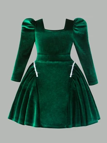 Girls Velvet Pearl Square Neck Petal Sleeve Dress Fall Classic Square Neck Design With Exquisite Pearl Decoration Around The Neckline 3D Puff Long Slee - Green - View 2