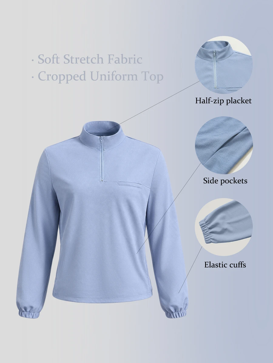 TaskEZ Light Blue Long Sleeve Stand Collar Top, Zipper Half-Open Front, Cuffed Sleeves, Mid-Length Loose Fit With Pockets, Women's Scrub Scrub Uniform Work - Blue - View 1