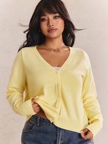CovetEZ Plus Size Deep V-Neck Solid Color Button Cardigan, Autumn/Winter, Buttercup Yellow - Light Yellow - View 1
