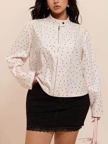 CovetEZ Polka Dot Colorblock Casual Cargo Plus Size Long Sleeve Jacket Fall Going Out Formal White - Beige - View 6