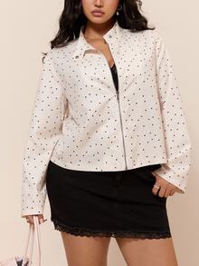 CovetEZ Polka Dot Colorblock Casual Cargo Plus Size Long Sleeve Jacket Fall Going Out Formal White - Beige - View 5