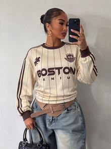 Slaydiva Women's Letter Print Casual Daily Cropped Sweatshirt - Multicolor - View 1