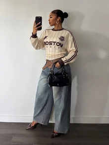 Slaydiva Women's Letter Print Casual Daily Cropped Sweatshirt - Multicolor - View 8