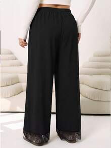 Solflare Plus Size Women's Lace Patchwork Pleated Casual Daily Long Pants - Black - View 2