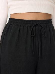 Solflare Plus Size Women's Lace Patchwork Pleated Casual Daily Long Pants - Black - View 6