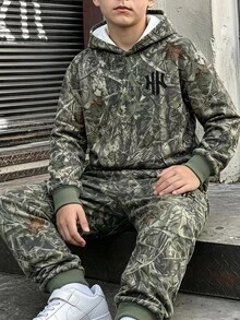 Tween Boys Gradient Denim Effect-Effect Logo‑Print Hoodie & Matching Jogger Pants 2‑Piece Streetwear Outfit - Multicolor - View 1