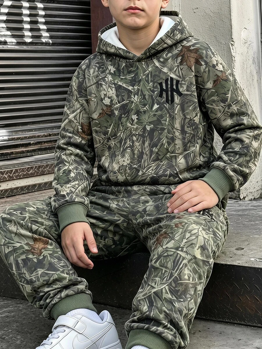 Tween Boys Gradient Denim Effect-Effect Logo‑Print Hoodie & Matching Jogger Pants 2‑Piece Streetwear Outfit - Multicolor - View 1