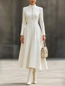 SHEIN 秋冬女款優雅純色紋理金屬鈕扣裝飾小立領長袖A字長洋裝,通勤與度假穿搭 - 白色 - 查看 4