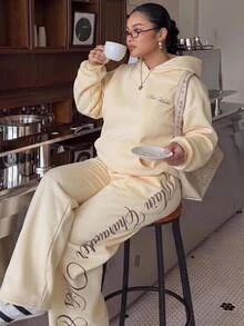 Muchica Plus Size Letter Print Hoodie Sweatpants 2 Pieces Set Fall Lounge Party White Casual Streetwear - Yellow - View 3