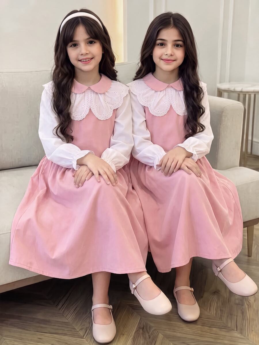 SHEIN Tween Girls Winter Outfits 2pcs/Set Sweet Casual Preppy Cute White Light Pink Small Stand Collar With Hollow Lace Lapel Family School Birthday