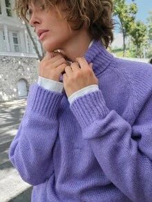 SHEIN كنزة صوفية محبوكة بياقة عالية فضفاضة للنساء، ناعمة ومريحة، بأكمام طويلة، كنزة صوفية شتوية أساسية - الأرجواني - مشاهدة 10