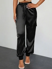 SHEIN SXY Spring And Summer Satin Drawstring Waist Black Casual Women's Trousers - Black - View 2