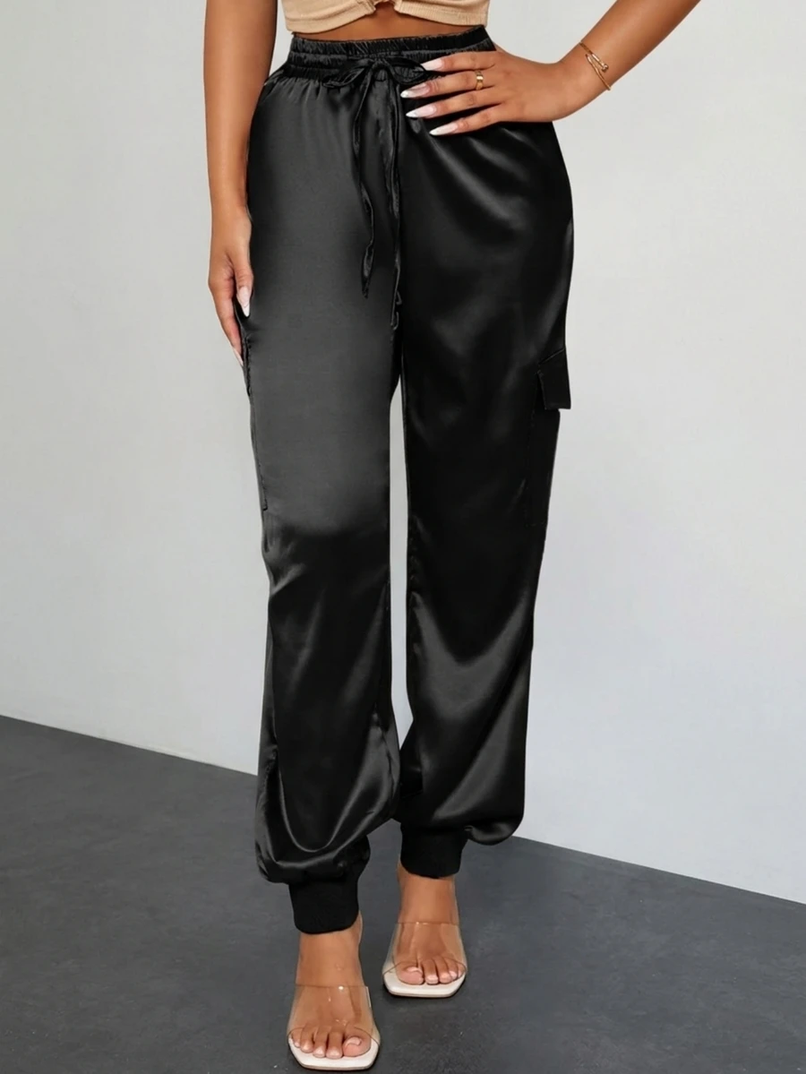 SHEIN SXY Spring And Summer Satin Drawstring Waist Black Casual Women's Trousers