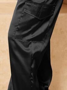 SHEIN SXY Spring And Summer Satin Drawstring Waist Black Casual Women's Trousers - Black - View 4