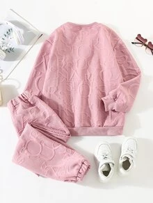 SHEIN Tween Girls Fall Outfits 2pcs/Set Dusty Pink,Autumn,Casual Athletic,School,Back-To-School Slogan Patch Crew Neck Sweatshirt And Sweatpants Off Campus - Pink - View 2