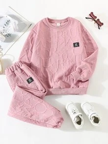 SHEIN Tween Girls Fall Outfits 2pcs/Set Dusty Pink,Autumn,Casual Athletic,School,Back-To-School Slogan Patch Crew Neck Sweatshirt And Sweatpants Off Campus - Pink - View 3