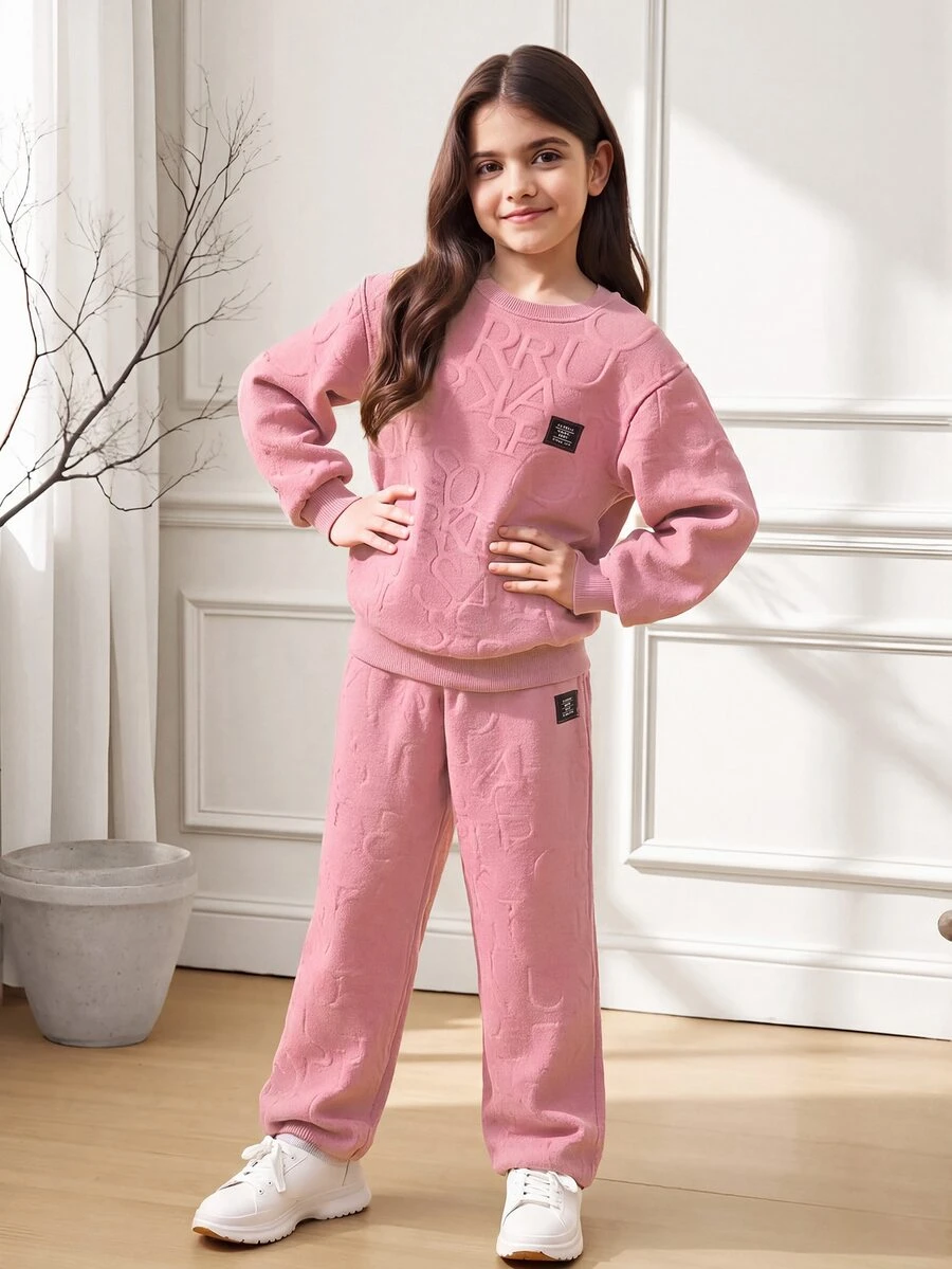 SHEIN Tween Girls Fall Outfits 2pcs/Set Dusty Pink,Autumn,Casual Athletic,School,Back-To-School Slogan Patch Crew Neck Sweatshirt And Sweatpants Off Campus - Pink - View 1