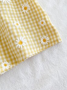 SHEIN Sweet And Lovely Daisy-Print Yellow-And-White Gingham Dress With Ruffled Flutter Sleeves And Princess-Style Hem For Baby Girls – New Arrival. - Yellow - View 8