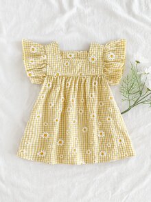 SHEIN Sweet And Lovely Daisy-Print Yellow-And-White Gingham Dress With Ruffled Flutter Sleeves And Princess-Style Hem For Baby Girls – New Arrival. - Yellow - View 4