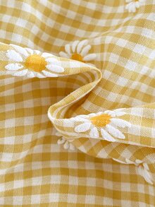 SHEIN Sweet And Lovely Daisy-Print Yellow-And-White Gingham Dress With Ruffled Flutter Sleeves And Princess-Style Hem For Baby Girls – New Arrival. - Yellow - View 6