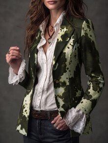 Solivie 女款缺口領花卉圖案收腰西裝外套 - 軍綠色 - 查看 3